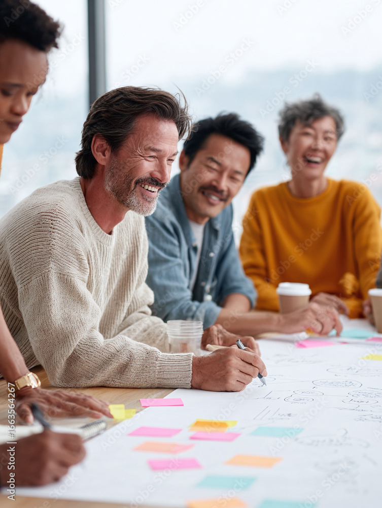 Poster diverse professionals collaborate enthusiastically on a project using sticky notes and diagrams, emb