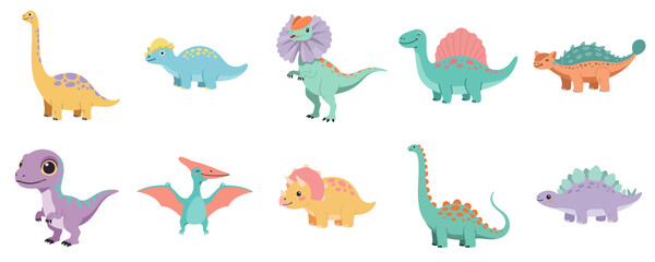 Set,colorful cartoon dinosaurs in various poses and expressions ,without background, for children's products, illustrations for children's books and playful decorations 