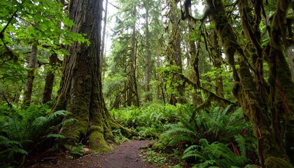 Obraz premium Lush, vibrant greenery fills a dense forest, showcasing ancient trees, moss-covered trunks, and ferns.