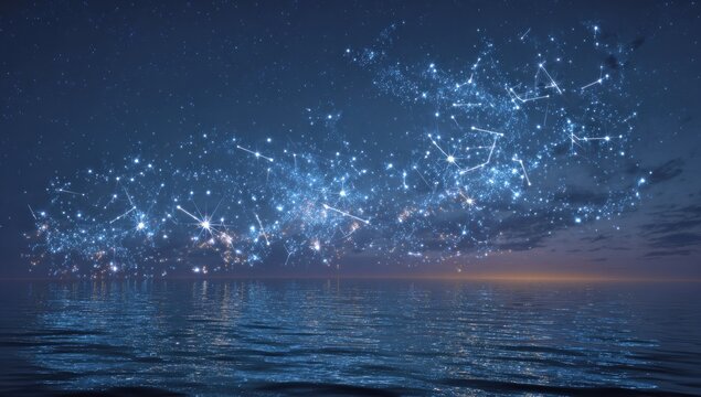 Starry network over calm sea at twilight