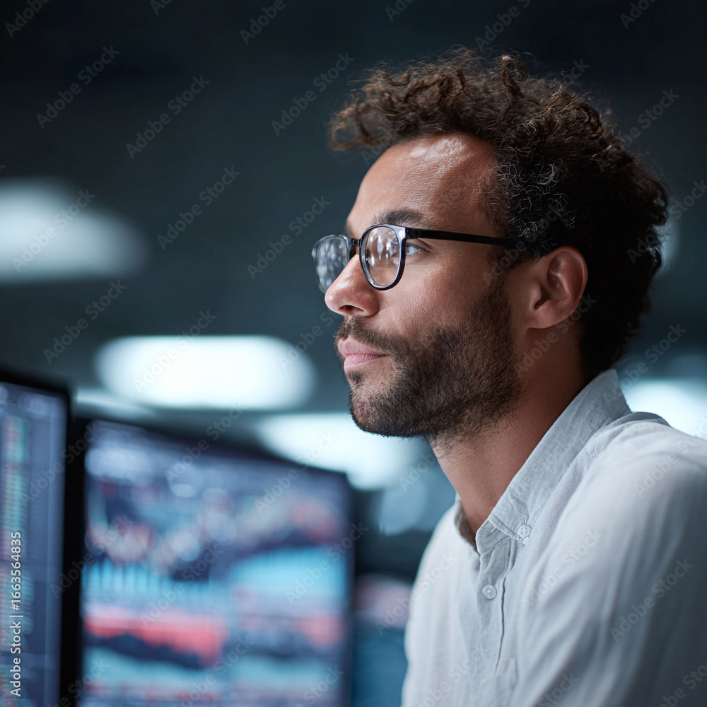Poster focused professional analyzing data on multiple screens. depicts dedication, tech expertise, and bus