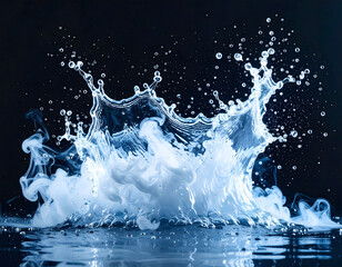 Abstract high-speed photography capturing a vibrant blue water crown splash mixed with ethereal white smoke against a dark, moody background