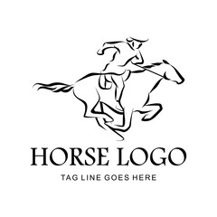 Dynamic black and white line art illustration of a powerful galloping horse and rider, embodying speed, equestrian sport, and competitive spirit in a sleek design