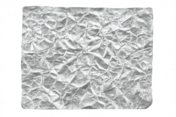 Silver foil sheet with a crumpled texture, providing a metallic, reflective surface on a transparent background