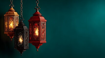 Obraz premium Elegant Traditional Lanterns Displayed Against a Teal Background for Ramadan