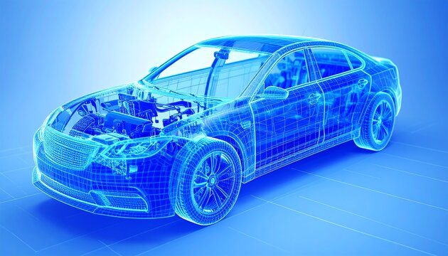 A light-blue wireframe model of a car displays the intricate design of its mechanical parts.