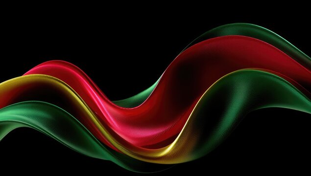 Abstract flowing ribbons of red, green, and gold on black background