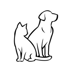 Obraz premium Monochrome illustration of a cat and dog together, representing domestic pets and companionship, suitable for various designs