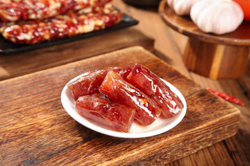 Cantonese Sweet Dried Sausage Slices Traditional Chinese Cured Meat Food Photography