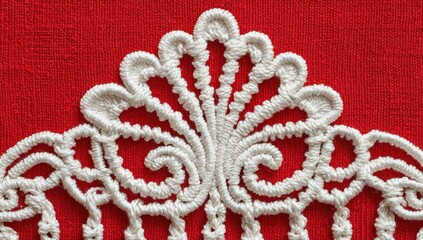 Close-up of intricate white lace trim on a red fabric
