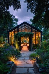 Glass greenhouse at dusk, garden path