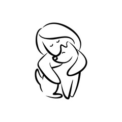 Embracing Companionship A Tender Line Art Depiction of a Woman Comforting Her Dog