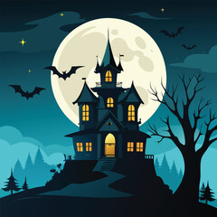 Spooky silhouetted haunted house against a large dark moonlit night sky with stars
