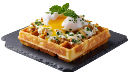 A gourmet Waffle Benedict, featuring a Belgian waffle topped with a poached egg, ham, and creamy Hollandaise sauce. A perfect, isolated savory brunch.