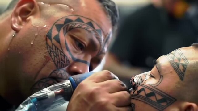 Close-up of a tattoo artist applying elaborate face tattoos