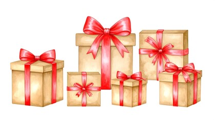 A collection of decorative gift boxes, each adorned with a vibrant red ribbon bow, arranged in a cheerful and festive display.