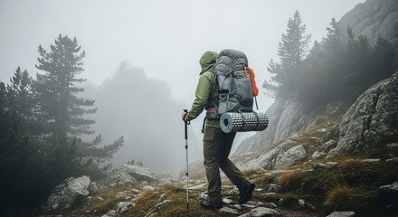 Adventurous hiker with backpack standing in foggy mountains, perfect for outdoor exploration, travel inspiration, wilderness photography, and nature adventure themes.