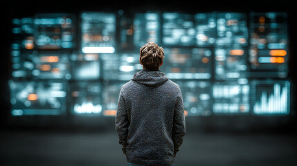 IT manager analyzing the architecture of ERP (Enterprise Resource Planning) system on virtual AR screen with connections between business intelligence (BI), production, HR and CRM modules