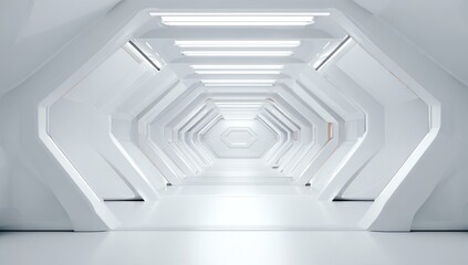 Obraz premium White futuristic corridor with hexagonal panels