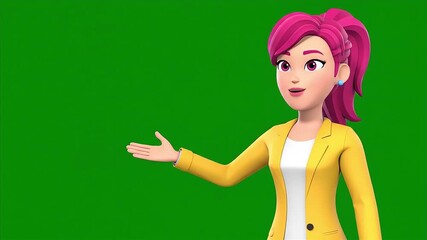 Animated Female Character Presenting on Green Screen Background. - Powered by Adobe