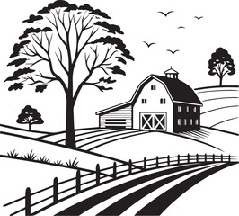 Line Art Farm Landscape Minimalist Countryside Scene with Rolling Hills and Old Barn