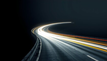 Long exposure captures the illuminated path of a car's headlights curving through the night.