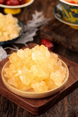 Handmade Yellow Rock Sugar Candy Cane Cubes in Wooden Bowl - Traditional Sweet Confection