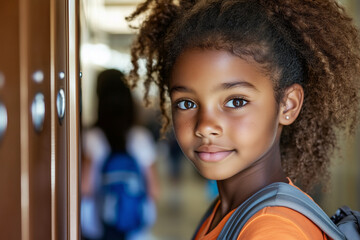 African American schoolgirl smiling beside brown lockers in a bright school corridor, backpack on shoulder, soft natural light and blurred students in background