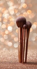 Rose-gold makeup brushes on glittery surface, bokeh background