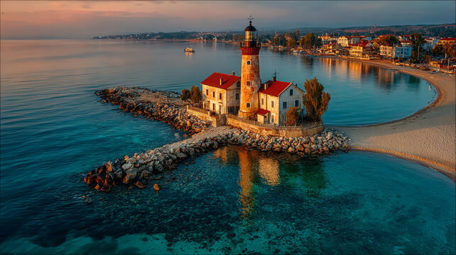 Aerial view of Aheloy Lighthouse by the beautiful seaside and sandy shore, Aheloy, Burgas, Bulgaria.