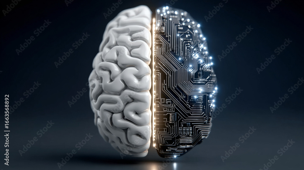 Poster vector logo of the left and right halves of the brain merging into a single circuit board, on a dark
