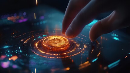 A hand hovers over a bitcoin coin surrounded by glowing circles on a dark and futuristic surface