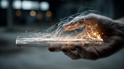 A hand holding a smartphone with a futuristic digital hologram of a modern user interface.