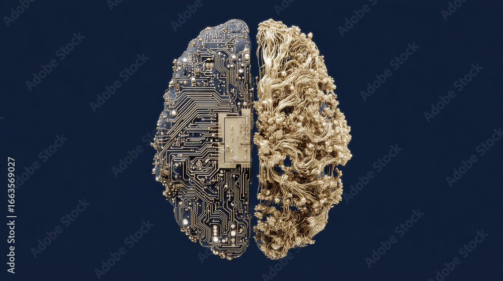Poster vector logo of the left and right halves of the brain merging into a single circuit board, on a dark
