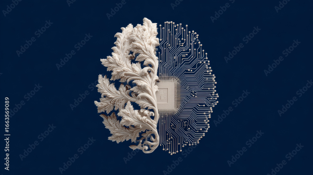 Poster vector logo of the left and right halves of the brain merging into a single circuit board, on a dark