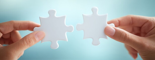 The hands holding two white puzzle pieces coming together in a meaningful connection.