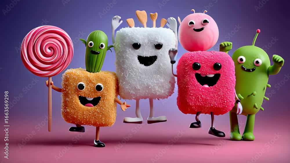Poster colorful animated characters with playful expressions, showcasing a joyful scene of friendship and f