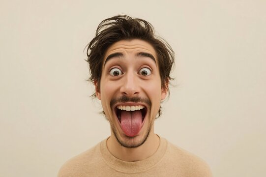 Man's surprised face, tongue out, studio, beige background, website