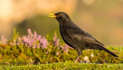 Obraz premium A blackbird perches amidst a backdrop of delicate purple heather, showcasing its glossy plumage and alert expression.