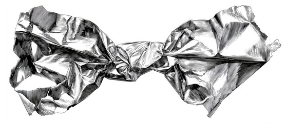 Detailed graphite drawing of crumpled, metallic-looking wrapping paper, tied in a knot