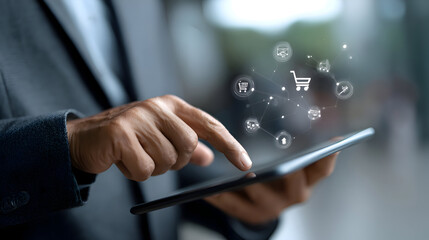 Close-up of man wearing business suit using tablet with digital network icons
