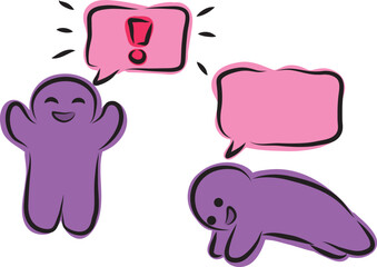 Funny people with speech bubbles, training and exclamation, hand drawn with a black brush in curved lines