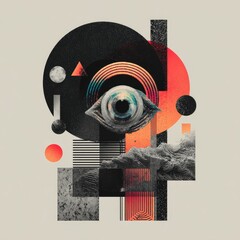 Abstract collage with eye and geometric shapes, featuring vibrant colors and textures