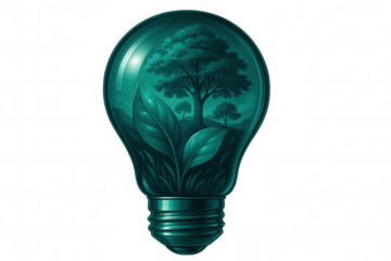 Trees and leaves growing inside a green light bulb promoting environmental conservation and renewable energy with transparent background