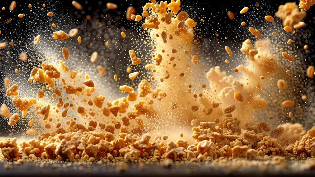 Crispy golden cookie crumbs burst in mid-air against a dark background, highlighting texture and dynamic energy for creative food concepts.