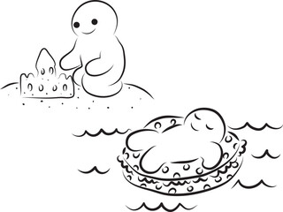 Funny little people, a funny little person relaxing in a beach ring on the water and a little person building a sand castle, hand drawn with a black brush with curved contours