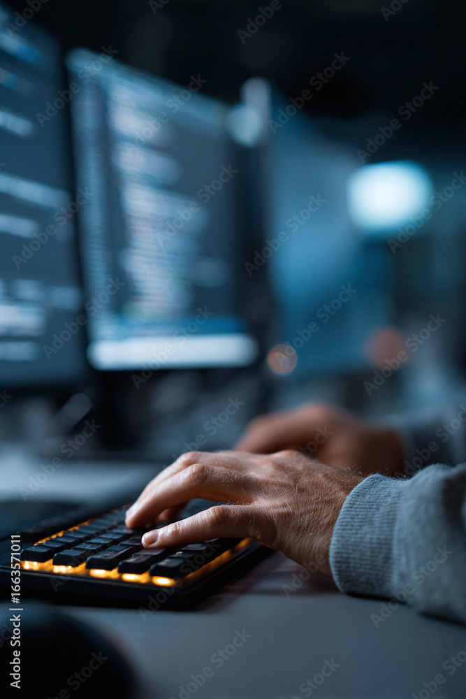 Poster coding in the dark hands type on a glowing keyboard, multiple screens blur in the background. repres