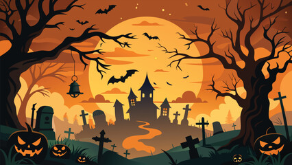 Spooky halloween scene unfolding under a vibrant orange sky with classic fonts