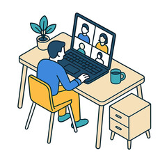 Isometric illustration of a man working from home, attending a video conference on a laptop at his desk.