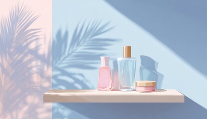 Pastel-toned beauty products on a shelf, bathed in sunlight, with palm frond shadows